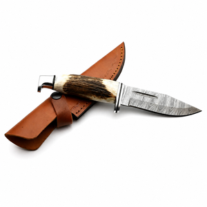 Cuchillo de caza de acero de Damasco con punta de gota y mango de asta, hoja fija de filo recto - Product Image 2
