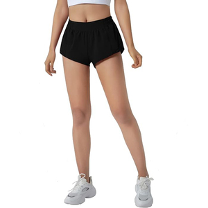 Shorts de sport pour femmes noires, taille haute, en polyester, avec poche latérale zippée, cordon de serrage dissimulé, respirants, pour yoga - Product Image 6