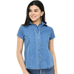 Women's Denim <b>Shirt</b> <b>Half</b> Sleeve Knitted <b>Button</b> Custom Design Regular Fit Casual Wear - Product Image 1