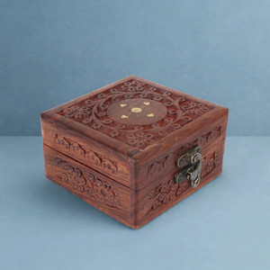 Blue and Beige Wooden <b>Keepsake</b> <b>Box</b> Geometric Pattern Handmade Home Decor - Product Image 3