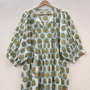 Vestido Midi Casual de Algodón para Mujer, Mangas Abullonadas, Cintura Imperio, Estilo Babydoll, Estampado Floral de Verano, Cuello en V Oversize, 100% Algodón, Holgado - Product Image 1