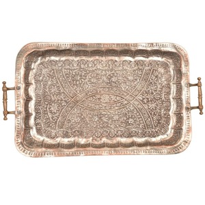 Plateau décoratif à finition martelée, fait main, en cuivre pur, rond, avec poignées, pour la maison, les restaurants et la décoration de mariage - Product Image 6