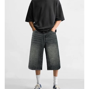 Men's Washed Denim Bermuda Shorts <b>Mid</b> Waist Button Fly Casual Style Solid Color Breathable Canvas Fabric - Product Image 1