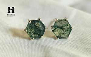 Luxury Hexagon Moss Agate <b>Stud</b> <b>Earrings</b>, Natural Gemstone Ear <b>Studs</b> in 14K Gold, Unique Minimalist Jewelry for Women and Gifts - Product Image 1