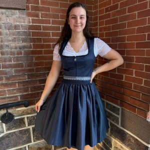 Women's Bavarian Style Dirndl Dress <b>Red</b> Embroidered Bodice Blue Satin Skirt Short Sleeve Keyhole Neck A-Line Mini Vintage Folk - Product Image 4