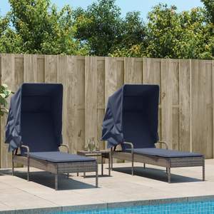 2-Piece Gray Poly <b>Rattan</b> Sun <b>Loungers</b> with Canopies and Table Durable Outdoor Furniture - Product Image 1