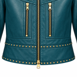 Chaqueta Bomber de Cuero Verde Azulado para Hombre, Corte Ajustado, Cuello Camisero, Cierre de Cremallera, Detalle de Remaches, Largo Regular, Invierno, Ecológica, Resistente al Viento - Product Image 6