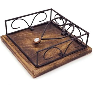 Cesta de servilletas de madera con marco de hierro, diseño vintage, soporte decorativo independiente para servilletas, para decoración del hogar. - Product Image 1