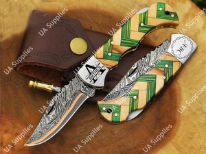 Cuchillo Plegable EDC de Acero Damasco y Cobre UA Supplies con Mango de Madera Pakka Oliva y Hoja Clip Point para Supervivencia al Aire Libre - Product Image 3