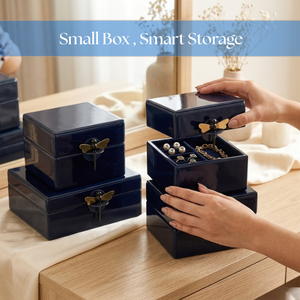 Modern Navy Blue Glass Decorative Box Set with Metallic Dragonfly Handle |Luxury Jewelry Organizer Cases for <b>Vanity</b> & Home Decor - Product Image 5