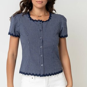 Camisa de manga corta ajustada con cuello redondo y ribete de encaje para mujer, estilo vintage, primavera y verano - Product Image 2