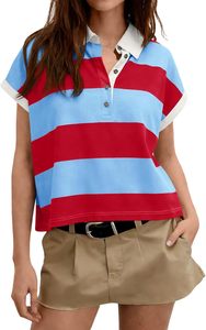 Camiseta Polo a Rayas para Mujer, Manga Corta, Informal, Tejido de Punto, Largo Regular, Estilo Color Block, Blanco y Negro, Camisetas Polo ODM - Product Image 6