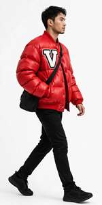 Chaqueta Acolchada Roja de PU para Hombre, Cuello Alto, Cortavientos, Invierno, Casual, Gruesa, Relleno de Poliéster, Corte Regular, Logotipo Bordado en la Parte Delantera - Product Image 3
