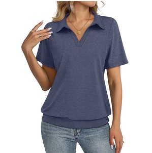 Women's <b>Navy</b> Blue Short Sleeve Solid Color Knitted Polo Shirt Casual Style Regular Length - Product Image 1
