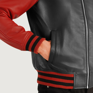 Men's Black <b>Red</b> Color Block Genuine Leather Eco-Friendly Winter Bomber <b>Jacket</b> Breathable <b>Waterproof</b> Windproof Moto Biker Style - Product Image 6