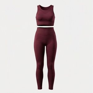 Ensemble de yoga 2 pièces pour femmes, haut court côtelé sans couture à col rond et leggings taille haute - Product Image 1