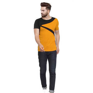 Mens Yellow Black Color Block Crew Neck Short Sleeve Cotton Casual Summer Fashion Top Custom Logo OEM ODM Wholesale Apparel - Product Image 4