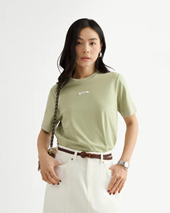 Camiseta de Verano de Algodón de Alta Calidad para Mujer, Cuello Redondo, Manga Corta, Etiqueta Bordada Decorativa, Color Sólido, Corte Regular - Product Image 1