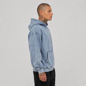 Sweat-shirt décontracté en molleton français à manches régulières, couleur unie, en denim bleu délavé, coupe oversize pour homme - Product Image 5