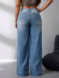 High Waist Wide Leg Denim Pants Full Length Loose Fit Casual Style Stonewashed Blue <b>Jeans</b> With <b>Button</b> <b>Fly</b> - Product Image 4