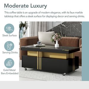 Mesa de Centro Rectangular Contemporánea TREND con Superficie de Imitación Mármol y Ruedas, Mesa de Café Moderna con Video - Product Image 3