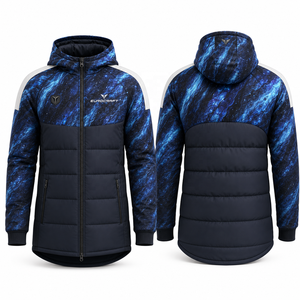 Manteau d'hiver à capuche pour homme, veste matelassée bleue, imperméable, décontractée, manches longues, fermeture éclair sur le devant, design avec logo - Product Image 2