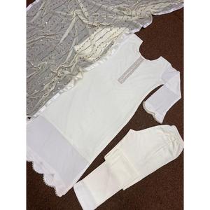 FANCY RAYON RIVET MOTI WORK TOP PANTALON AVEC DUPATTA BLANC - Product Image 1