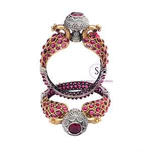 Bracelets Kada ouverts en or antique bicolore, motif paon éblouissant, pour femmes, pour mariage traditionnel indien et fêtes - Product Image 5
