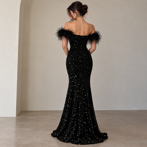 Black off the Shoulder Satin Mermaid Evening Gown with Feather Trim Natural Waistline Split Floor Length Formal Party Dress - Product Image 2