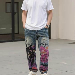 Jean slim en denim délavé imprimé pour homme, coupe droite, mélange de coton, style motard, décontracté, streetwear, mode - Product Image 2