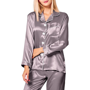 Women's Satin Long Sleeve Pajama Set Full Length Solid Color Elegant Sleepwear Button Fly Turn-down Collar - Product Image 5