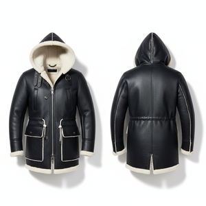 Manteau en cuir véritable à manches longues avec doublure en fausse fourrure, coupe-vent, col rabattable, veste d'hiver décontractée unisexe - Product Image 2