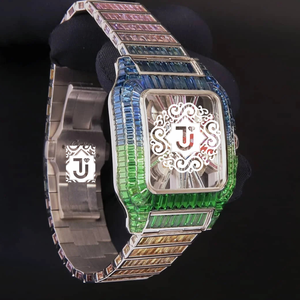 Montre de luxe en acier inoxydable avec quartz et diamants Moissanite VVS glacés, cadran analogique argenté avec pierres précieuses arc-en-ciel, mouvement ETA, date automatique, 41 mm - Product Image 2