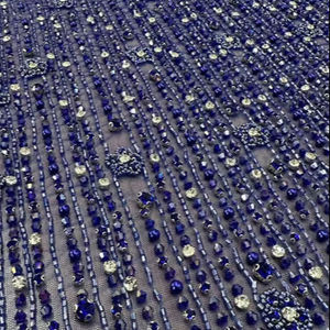 Tissu en Tulle Brodé de Perles et Paillettes Bleu Royal Fait Main, Prix Usine, Vente en Gros, Broderie de Luxe pour Robe de Mariée Africaine Aso Ebi - Product Image 2