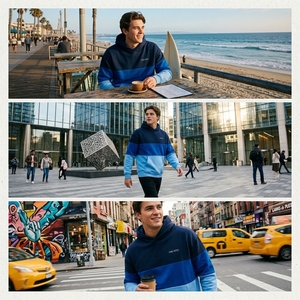 <b>Mens</b> <b>Navy</b> Blue Color Block Hoodie <b>Fleece</b> Sweatshirt Custom Logo Streetwear Casual Oversized Pullover Autumn Wear - Product Image 5