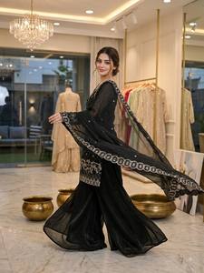<b>Black</b> Cotton Women's Traditional <b>Floor</b>-<b>Length</b> Ethnic <b>Dress</b> With Embroidery Loose Fit For Wedding India Pakistan Style - Product Image 2