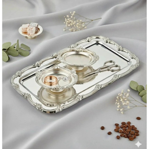 Silver & Gold Color Stainless Steel Hammered <b>Serving</b> Tray Rectangle Shape Decorative Metal <b>Platter</b> Food Safe Kitchen Accessory - Product Image 2