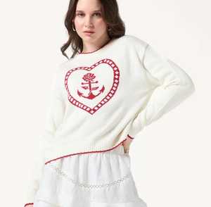 Pull d'hiver chaud en acrylique pour femme, décontracté, avec empiècements de couleur, col et ourlet à surpiqûres contrastées, blanc - Product Image 3