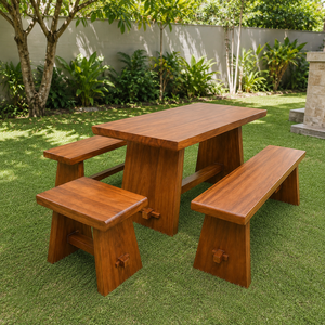 Ensemble de table à manger d'extérieur en teck massif de luxe avec banc et tabouret, meubles de jardin modernes pour hôtel, resort, villa - Product Image 3