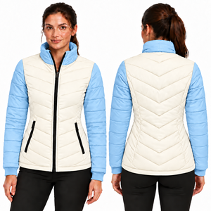 Chaqueta Acolchada Azul Claro y Caqui para Mujer, Manga Larga, Cuello Alto, Cierre de Cremallera, Color Sólido, Chaqueta de Otoño - Product Image 2