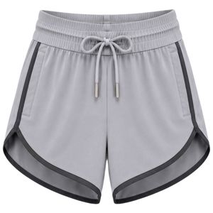 Light <b>Grey</b> <b>Women</b> Athletic Running <b>Shorts</b> With Black Piping Elastic Waist Drawstring Side Pocket Gym Workout Active Wear <b>Shorts</b> - Product Image 1