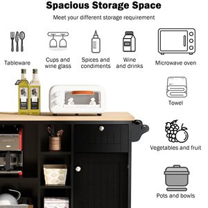 Solid Wood Desktop Kitchen Island Cart Storage Cabinet with Two Locking Wheels Microwave Cabinet Floor Standing <b>Buffet</b> <b>Server</b> - Product Image 2