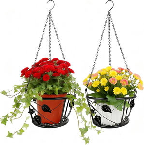 Leaf Accent <b>Hanging</b> Flower Pot <b>Basket</b> with Three Chain Suspension Decorative Iron Holder for Balcony Patio <b>Indoor</b> Outdoor Garden - Product Image 1
