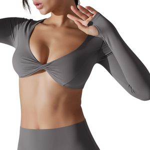 Top Deportivo Corto de Yoga para Mujer, Manga Larga, con Detalle Trenzado en la Parte Delantera, para Gimnasio, Entrenamiento, Fitness, Ropa Deportiva Activa, Venta al Por Mayor Personalizada - Product Image 4
