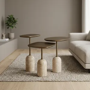 Modern Minimalist Nesting Coffee <b>Tables</b> Stone Base Metal Top Living Room Furniture - Product Image 1