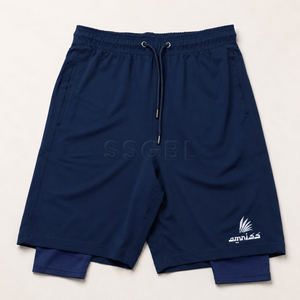 Amriss Men's Solid Navy Blue Halal Bermuda Shorts Manufacturer Quick Dry Double <b>Layer</b> With Drawstring Waist And Embroidered Logo - Product Image 1