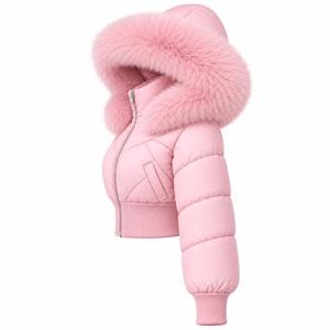 Chaqueta acolchada rosa personalizada para hombre con capucha, ribete de piel, cremallera, corte corto, acolchado grueso, transpirable, para invierno, con logo frontal - Product Image 6