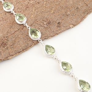 Pulseras de amatista verde natural, plata de ley 925, piedras preciosas, estilo de eslabones, forma de pera, chapadas en plata con engaste de bisel para mujer - Product Image 4