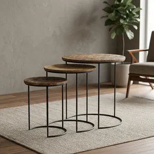 Modern <b>Round</b> Wooden <b>Nesting</b> Coffee <b>Table</b> Set with Black Metal Frame Minimalist Living Room Furniture - Product Image 4
