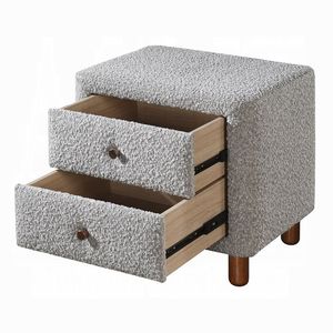 Comodino Classico in Legno Grigio con Due Cassetti, Rivestimento in Bouclé, Arredamento Camera da Letto, 1 Pezzo con Gambe in Legno - Product Image 5